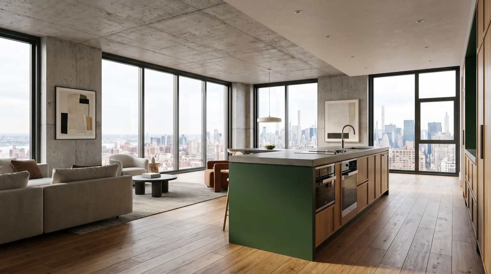Loft mit Sichtbetonwänden, bodentiefen Fenstern zur Skyline und tannengrüner Kücheninsel — KI-generierte Beispielaufnahme